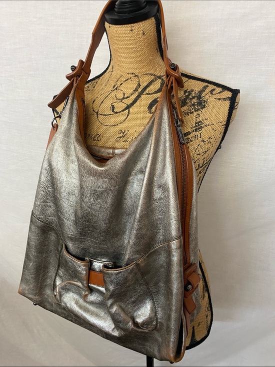 Botkier Handbags - Botkier Metallic Silver Hobo Shoulder Bag with Brown Trim